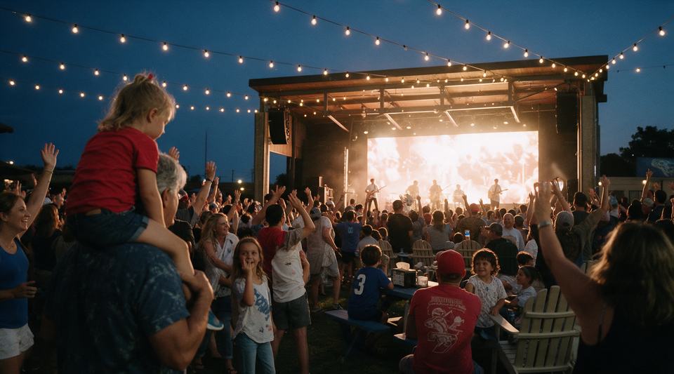 Band on the covered stage at night, hands up